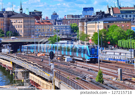 Railway tracks and trains near Stockholms main train station in Norrmalm area, Stockholm, Sweden 127215718
