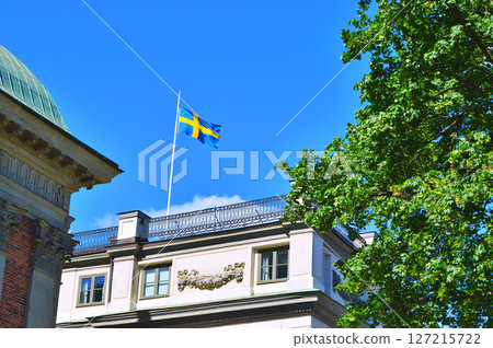 Swedish flag on the buildings, Gamla Stan - Stockholm 127215722