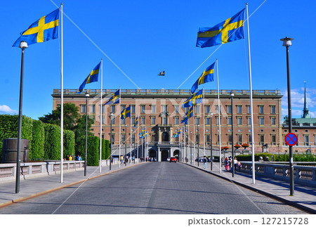 Facade of The Royal Palace of Stockholm, Swedish: Stockholms Slott or Kungliga Slottet, Kings official residence, located at Old Town, or Gamla Stan 127215728