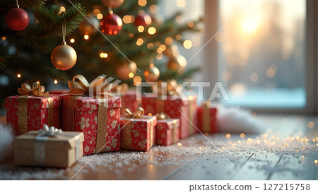 Elegant christmas presents under the tree with glittering lights background Elegant christmas presents under the tree with glittering lights background 127215758