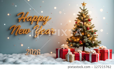 Festive New Year 2026 celebration scene with decorated tree and presents 127215762