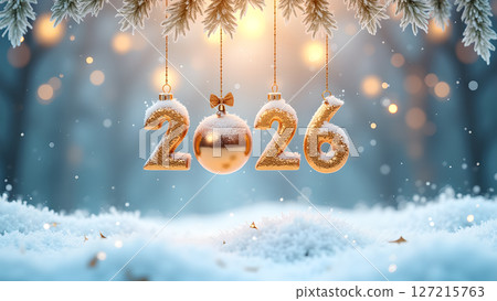 Enchanting 2026 New Year Decoration with Golden Numbers in Winter Wonderland 127215763