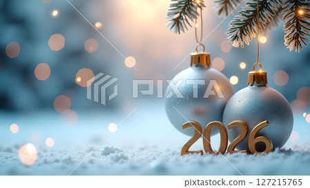 Festive Holiday Scene Showcasing 2026 New Year Celebration with Ornaments Festive Holiday Scene Showcasing 2026 New Year Celebration with Ornaments 127215765