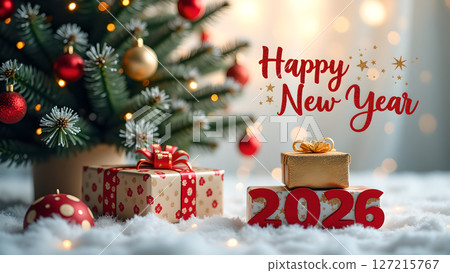 Charming new year 2026 celebration with christmas tree and presents 127215767
