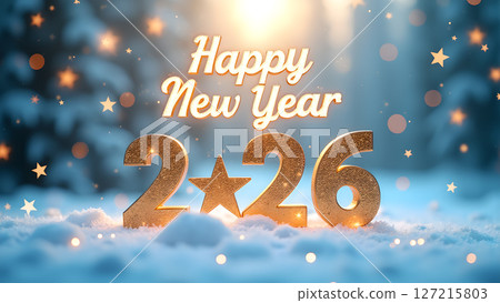 Festive New Year background with glittering ornaments and snowy landscape 127215803