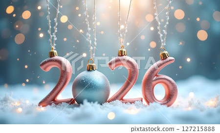 Elegant 2026 New Year Celebration with Hanging Ornaments and Bokeh Lights Elegant 2026 New Year Celebration with Hanging Ornaments and Bokeh Lights 127215888
