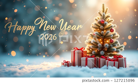 Festive New Year 2026 celebration background with presents and decorated tree Festive New Year 2026 celebration background with presents and decorated tree 127215896