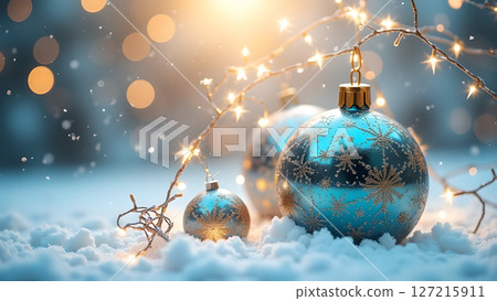 Elegance in winter: Christmas ornaments shimmering amidst soft snowfall and glowing lights 127215911
