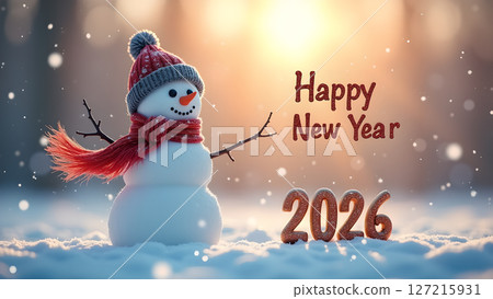 Cheerful snowman greeting for upcoming year in snowy scenery and warm light Cheerful snowman greeting for upcoming year in snowy scenery and warm light 127215931
