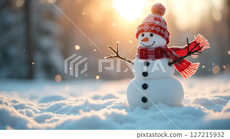 Festive snowman basking in sunlight amidst wintery landscape, enjoying joy Festive snowman basking in sunlight amidst wintery landscape, enjoying joy 127215932
