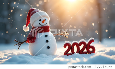 Snowman celebrates 2026 with festive charm amidst a winter wonderland setting Snowman celebrates 2026 with festive charm amidst a winter wonderland setting 127216066