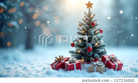 Magical christmas tree scene with falling snowflakes and vibrant gifts Magical christmas tree scene with falling snowflakes and vibrant gifts 127216082
