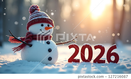 Festive snowman celebrates the upcoming year of 2026 in a snowy landscape 127216087