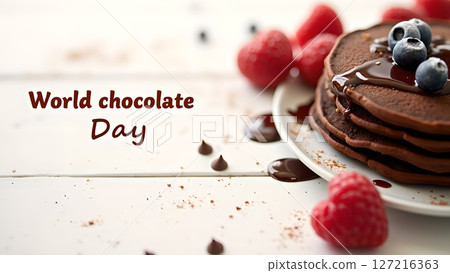 Celebrate World Chocolate Day with Delicious Chocolate Pancakes and Fresh Berries Celebrate World Chocolate Day with Delicious Chocolate Pancakes and Fresh Berries 127216363