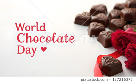 Celebration of World Chocolate Day with dark chocolates and red roses decoration 127216375