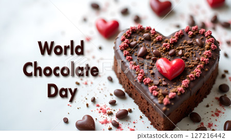 Celebrate World Chocolate Day with Heart-Shaped Cake and Festive Decorations Celebrate World Chocolate Day with Heart-Shaped Cake and Festive Decorations 127216442