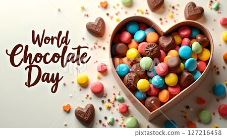 Celebrate World Chocolate Day with colorful macarons and chocolate heart box 127216458