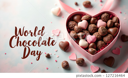 Heart shaped box overflowing with chocolates for World Chocolate Day celebration Heart shaped box overflowing with chocolates for World Chocolate Day celebration 127216464