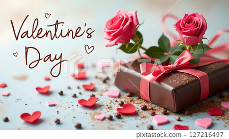 Elegant Valentine's Day Chocolate Gift with Roses and Heart Confetti Display Elegant Valentine's Day Chocolate Gift with Roses and Heart Confetti Display 127216497