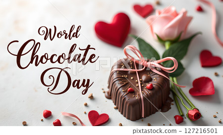 World Chocolate Day Celebration with Heart-Shaped Chocolate and Rose Arrangement 127216501