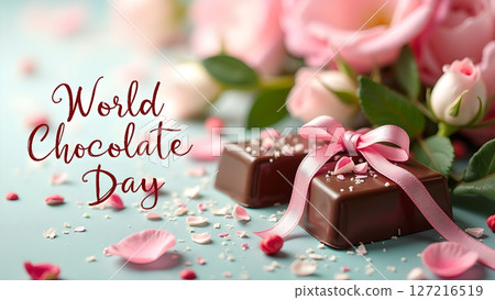 Celebration of World Chocolate Day with pink roses and sweet chocolate gifts Celebration of World Chocolate Day with pink roses and sweet chocolate gifts 127216519