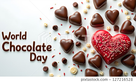 World Chocolate Day with heart-shaped chocolates and colorful toppings on white background World Chocolate Day with heart-shaped chocolates and colorful toppings on white background 127216528