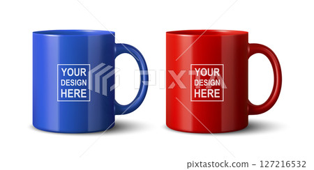 Vector 3d Realistic Coffee Mug Set for Branding and Mockup. Blue and Red Blank Ceramic Mugs Collection for Logo Design. Realistic Coffee Mug for Branding, Presentations 127216532