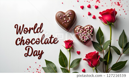 Celebrating World Chocolate Day with heart-shaped chocolates and lovely red roses Celebrating World Chocolate Day with heart-shaped chocolates and lovely red roses 127216539
