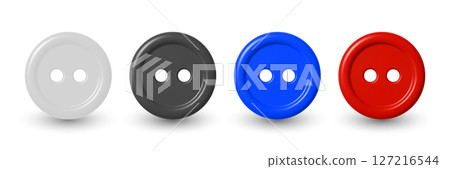 Vector 3d Realistic Glossy Button Set. Red Blue Black White Round Plastic Button Clipart for Sewing, Fashion. Vector Button Elements, Isolated Realistic Button Vector Illustration Vector 3d Realistic Glossy Button Set. Red Blue Black White Round Plastic Button Clipart for Sewing, Fashion. Vector Button Elements, Isolated Realistic Button Vector Illustration 127216544