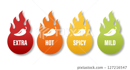 Vector Spicy Level Icons with Chili Pepper in Flame Shapes. Extra Hot, Hot, Spicy and Mild Labels for Food Packaging, Menu Tags, Sauce Labels or Restaurant Spiciness Indicator, Vector Set 127216547