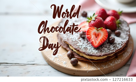 Delicious chocolate pancakes decorated with fresh strawberries for World Chocolate Day 127216633