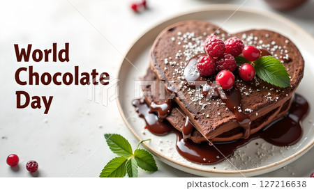 Delicious Chocolate Heart-shaped Pancakes with Fresh Berries for World Chocolate Day Delicious Chocolate Heart-shaped Pancakes with Fresh Berries for World Chocolate Day 127216638