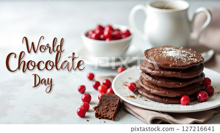 Celebrate World Chocolate Day with delicious chocolate pancakes and fresh cherries 127216641