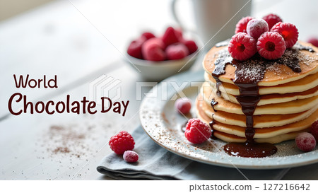 Stack of delicious pancakes with chocolate syrup and raspberries for world chocolate day 127216642
