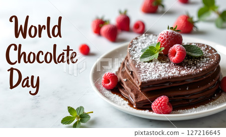 Delicious Heart Shaped Chocolate Pancakes Stack with Berries on White Surface for World Chocolate Day 127216645