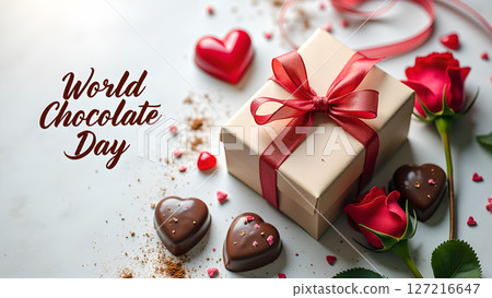 Celebration of World Chocolate Day with Heart Shaped Chocolates and Gift Box Celebration of World Chocolate Day with Heart Shaped Chocolates and Gift Box 127216647