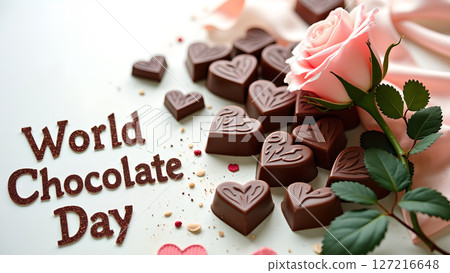 Celebrating World Chocolate Day with heart-shaped chocolates and a pink rose 127216648