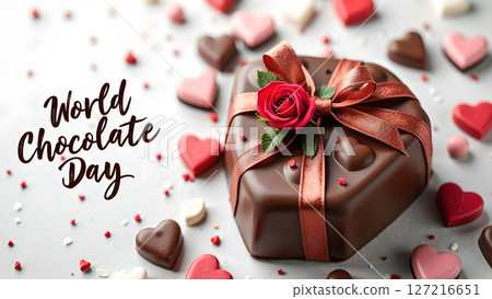 Celebration of World Chocolate Day with Delicious Heart-Shaped Chocolates and a Chocolate Box Celebration of World Chocolate Day with Delicious Heart-Shaped Chocolates and a Chocolate Box 127216651