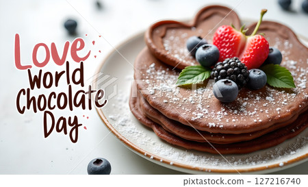 Delicious Chocolate Pancakes Celebrating World Chocolate Day with Fresh Berries Delicious Chocolate Pancakes Celebrating World Chocolate Day with Fresh Berries 127216740
