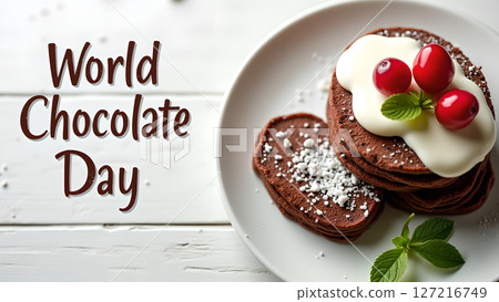 Delicious chocolate pancakes served on world chocolate day ideal for celebrations 127216749