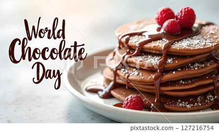Delicious chocolate pancakes stack with chocolate sauce and raspberries for world chocolate day 127216754