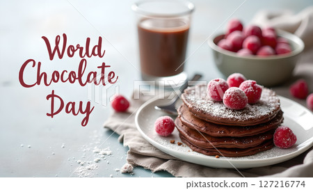 Delicious chocolate pancakes with fresh raspberries celebrate World Chocolate Day 127216774