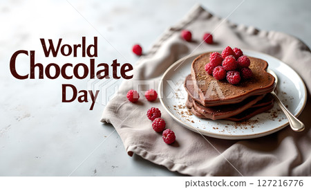 Delicious chocolate pancakes with fresh raspberries for World Chocolate Day celebration Delicious chocolate pancakes with fresh raspberries for World Chocolate Day celebration 127216776