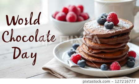Delicious chocolate pancakes with fresh berries for a special celebration event Delicious chocolate pancakes with fresh berries for a special celebration event 127216777