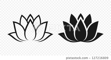 Flat Single Color Vector Lotus Flower Icon Set. Monochrome Floral Symbol. Lotus Silhouette Design for Yoga and Spa Logo. Botanical and Nature Emblem Set. Elegant Flower Clipart 127216809