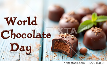 Celebrate World Chocolate Day with Delicious Truffles on a Rustic Wood Surface Celebrate World Chocolate Day with Delicious Truffles on a Rustic Wood Surface 127216838