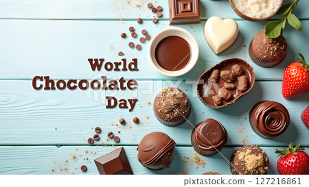 Celebrating World Chocolate Day: Assorted Chocolates and Strawberries on Light Blue Surface 127216861