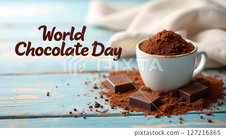 Celebration of World Chocolate Day with delicious cocoa powder and chocolate pieces Celebration of World Chocolate Day with delicious cocoa powder and chocolate pieces 127216865