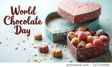 Delicious World Chocolate Day Celebration Display with Heart Shaped Gift Boxes 127216998