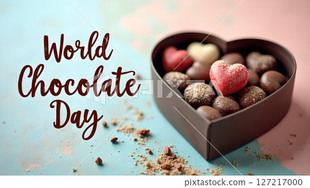 Celebratory world chocolate day image with chocolates in a heart-shaped box Celebratory world chocolate day image with chocolates in a heart-shaped box 127217000
